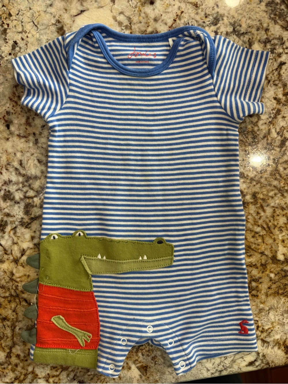 Joules Baby Boy Blue & White Striped Baby Romper with Green Crocodile Applique